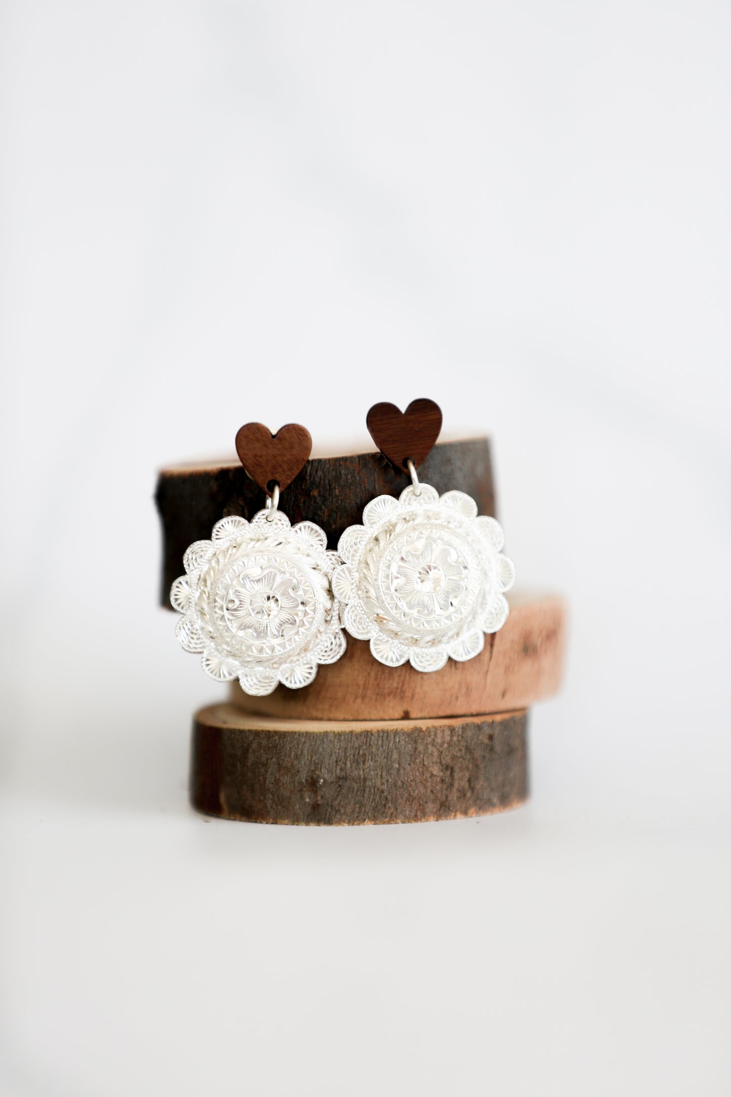Round Concho + Wooden Heart Earrings