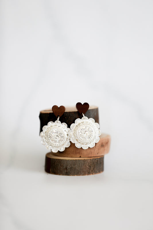 Round Concho + Wooden Heart Earrings